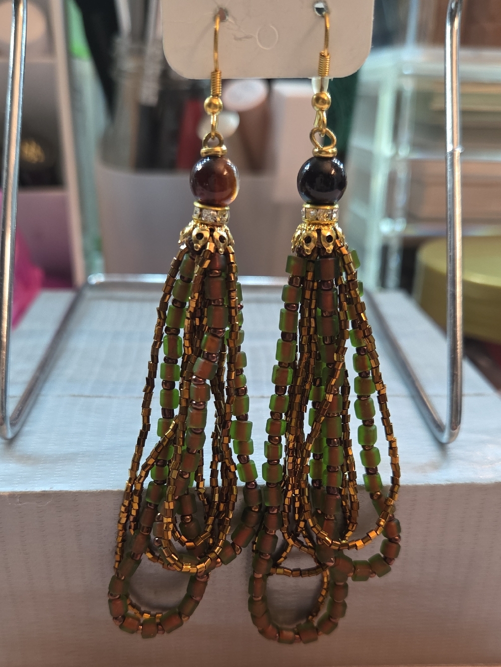 Handmade Olive Green Beaded Tassel Earrings - Gold Accent From the Philippines
